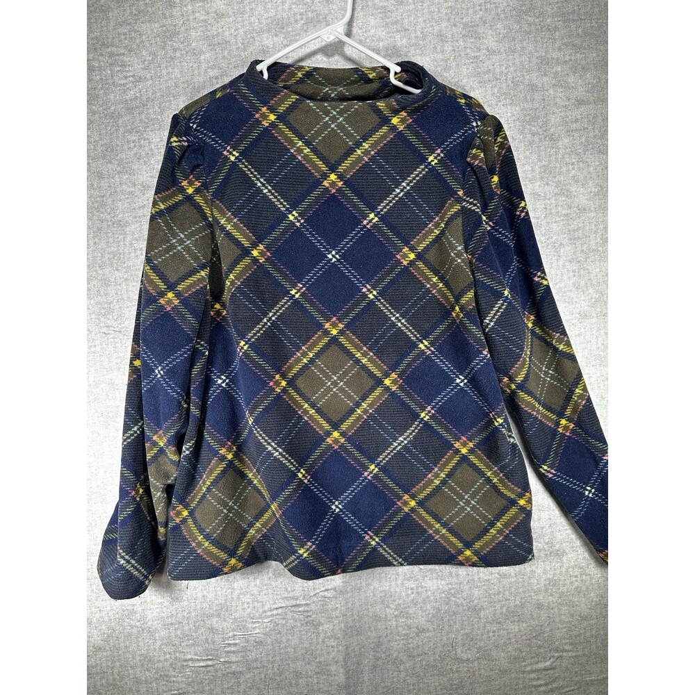 TALBOTS Funnel Neck Pullover Fleece Top CAMPING PLAID w/PUFF SLV Blue/Olive XL